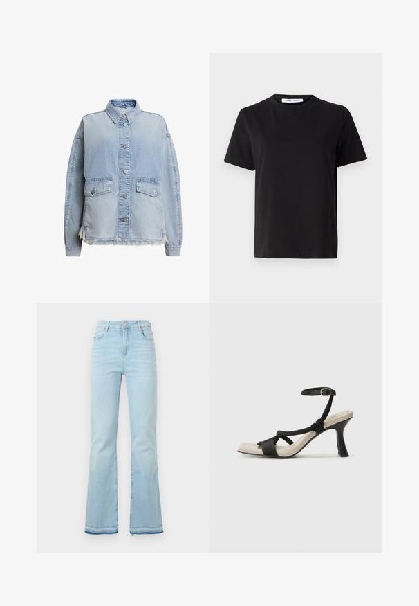 Light blue denim jacket featuring a button-up front, two front pockets, and a frayed hem at the bottom. Relaxed fit with a collar.; Black short-sleeve t-shirt made of soft cotton, featuring a round neckline, relaxed fit, and a smooth texture. No visible patterns or graphics.; Light blue flared jeans made of denim, featuring a high waist, front pockets, and a raw hem at the cuffs for a casual look.; Black heeled sandal with braided strap design, square toe, and adjustable ankle strap. Light beige footbed with a glossy black heel.
