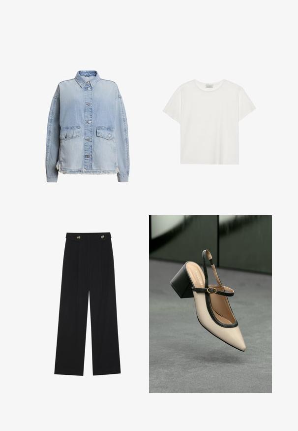 Jacket de ganga azul claro com fecho por botões, dois bolsos frontais e uma bainha desfiada na parte inferior. Corte solto com colarinho.; T-shirt branca de manga curta feita de algodão macio. Apresenta um decote redondo e um corte descontraído. Design limpo sem padrões ou detalhes visíveis.; Calças largas pretas com cintura alta, detalhes em botão na cintura e pregas frontais.; Sandal de biqueira pontuda em bege com acabamento preto, fivela dourada e um salto bloco sólido, em um chão cinza com fundo verde escuro.