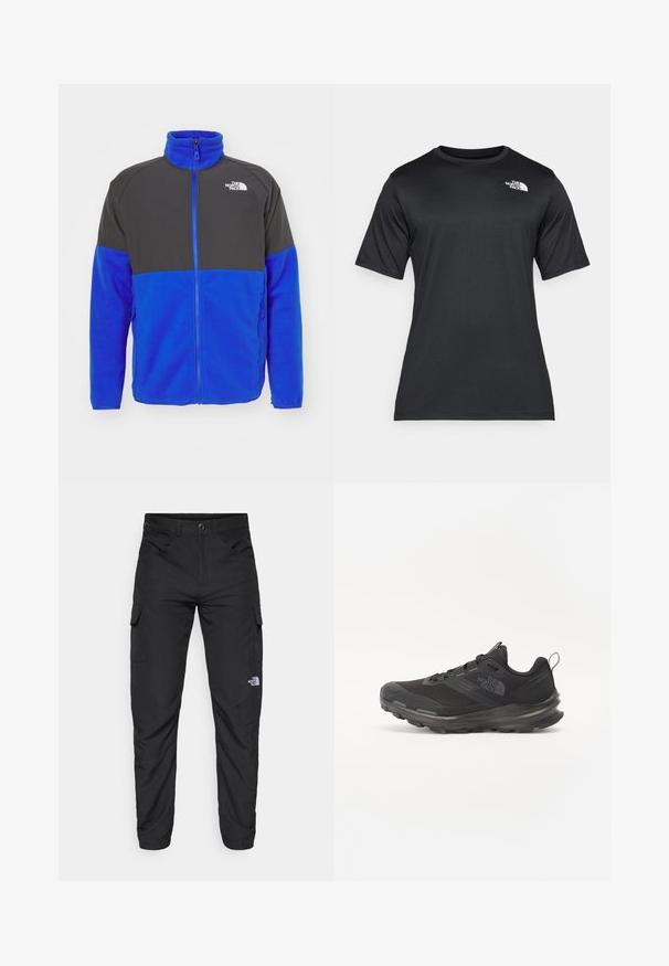 The North Face M GLACIER HEAVYWEIGHT FULL ZIP - Casaco polar - blue/asphalt grey; Camiseta preta de manga curta feita de um tecido leve e que absorve a umidade. Apresenta um logo branco no lado esquerdo do peito e um decote redondo.; The North Face HORIZON PANT - Calças para exterior - black; Sapatilha atlética preta com parte superior em malha, sola de borracha e colarinho almofadado. Apresenta atacadores, logótipo de lado e um design texturizado.