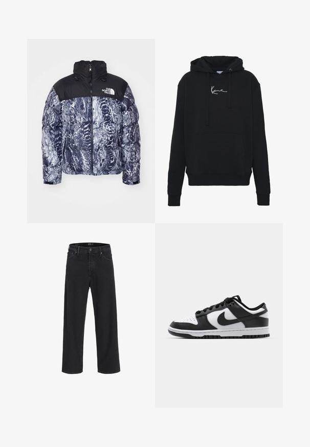 Tamsiai mėlynas ir juodas pūkinis švarkas su raštuotu dizainu. Savybės: aukštas apkaklė, pilnas užtrauktukas ir ženklinimas viršutiniame kairiajame kampe.; Juodas gobtuvas, pagamintas iš minkštos medžiagos, su priekinėmis kišenėmis, raišteliais ir balta logotipo siuvinėjimu ant krūtinės. Klasikinis fasonas ir raštuoti rankogaliai.; Juodos tiesios kojų džinsinės kelnės su mygtuku ir užtrauktuku, diržo kilpos, taip pat priekinės ir galinės kišenės.; Juoda ir balta Nike Dunk sportbačiai, turintys odinį viršutinį sluoksnį, perforuotą nykštyje, juodas raišteles ir juodą guminį pado su reljefu.