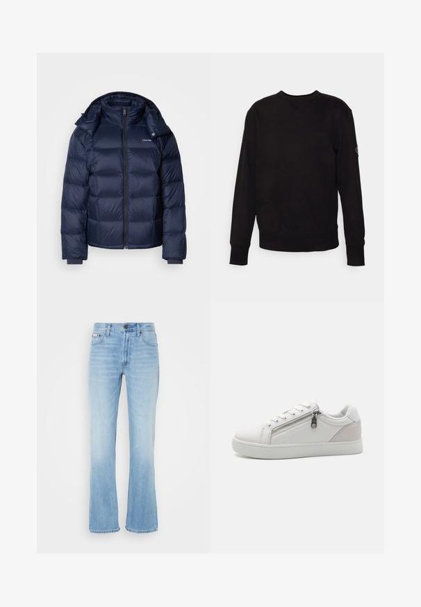 Tengerészkék pehelydzseki fényes, steppelt anyagból. Magas gallérral, teljes előlapi cipzárral és szűkített mandzsettákkal a melegért. Logó a mellkason.; Fekete, pamut anyagú, kerek nyakú pulóver. Rugalmas mandzsettákkal és alsó résszel rendelkezik, bal ujjon egy kis logóval. Sima, sima felület.; Világoskék farmeregyenes fazonú, kifakult hatású farmernadrág, öt zsebbel, övhurkokkal és gombos derékrésszel.; Fehér sportcipő sima bőr anyagból, kontrasztos bézs velúr díszítéssel a sarkán, és cipzáras záródással az oldalon.