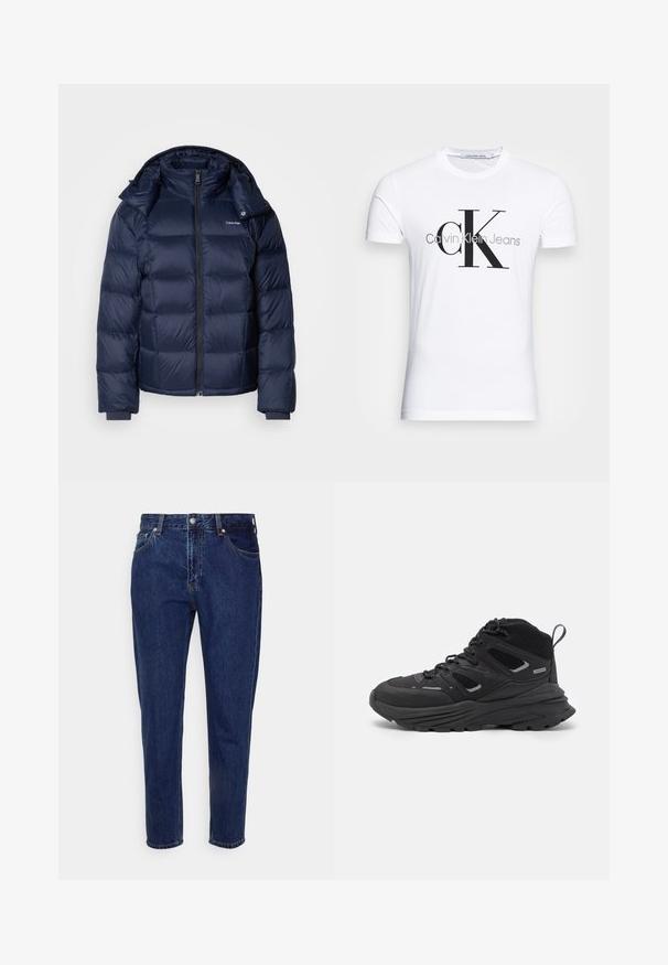Marine blauwe pufferjack met glanzende, gewatteerde stof. Heeft een hoge kraag, een volledige rits aan de voorkant en aansluitende manchetten voor warmte. Logo op de borst.; Witte katoenen t-shirt met een zwart "CK" logo en de tekst "Calvin Klein Jeans", korte mouwen en een klassieke ronde hals.; Donkerblauwe denim jeans met een recht model, vijf zakken en een knoopsluiting. Bevat subtiele vervaging en stikseldetails.; Zwarte wandelschoenen met een gelaagd ontwerp, textiele stof en rubberen zool, met verstevigde delen en een vetersluiting aan de voorkant.