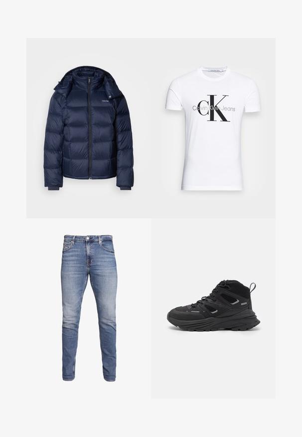 Tamsiai mėlynas pūkinis džemperis pagamintas iš blizgaus, siuvinėjimo audinio. Turi aukštą apykaklę, pilną priekinių užtrauktukų ir rankogalius, kad būtų šilta. Logotipas ant krūtinės.; Balta medvilninė marškinėliai su juodu "CK" logotipu ir "Calvin Klein Jeans" tekstu, trumpomis rankovėmis ir klasikine apvalia iškirpte.; Mėlyni liesi džinsai su penkiomis kišenėmis, blyškios spalvos, mygtukų uždarymas ir diržo kilpos, pateikti prieš baltą fono.; Juodi žygio batai su sluoksniuota struktūra, tekstūruota medžiaga ir guma padanga, su sutvirtintomis sritimis ir raištelių užsegimu.