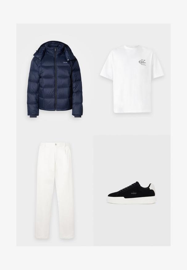 Tumesinine puffer-jakk, mis on valmistatud läikivast, tikitud kangast. Omab kõrget kaelust, täispikka lukku ja istuvaid mansette sooja hoidmiseks. Rinnas on logo.; Valge puuvillane T-särk lühikeste varrukatega, ümmarguse kaelusega, mille vasakul rinnal on must CK logo, tavaprofiil, sile tekstuur.; Valged püksid, mis on valmistatud siledast kangast, sirge jala disainiga, ees olevate voldidega ja ühekordse nupuga vöökohtadel.; Mustad mustad tossussneaker valge tallaga ja kontsaabiga, nööbid ees, ja Calvin Kleini logo küljel.