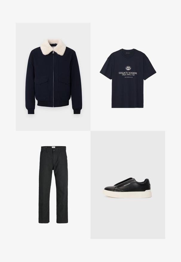 Marineblauwe bomberjas met een crème nepschapenvachtkraag; voorzien van een ritssluiting en twee voorzakken; geribbelde manchetten en zoom.; Marineblauwe katoenen t-shirt met een ronde hals, korte mouwen en een centraal grafisch ontwerp met "Legacy Manor" in beige letters.; Zwarte broeken gemaakt van duurzame stof, met een recht gesneden ontwerp, gestikte accenten en twee voorzakken voor functionaliteit.; Zwarte slip-on sneaker met een gestructureerde leren bovenkant, witte rubberen zool en geen zichtbare veters. Beschikt over het merkembleem aan de zijkant.