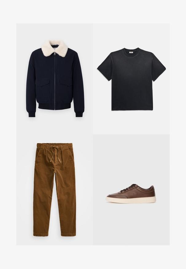 Marineblauwe bomberjas met een crème nepschapenvachtkraag; voorzien van een ritssluiting en twee voorzakken; geribbelde manchetten en zoom.; Zwarte katoenen t-shirt met een ronde halslijn en korte mouwen. Heeft een ontspannen pasvorm, een gladde textuur en een minimalistisch ontwerp.; Bruine corduroy broek met een elastische tailleband en drawstring, zijzakken en rechte pijpen met een gestructureerde ribbel.; Bruine leren sneakers met een gladde afwerking, ronde neus en een crèmekleurige rubberen zool. Voorzien van zwarte veters en subtiele branding aan de zijkant.