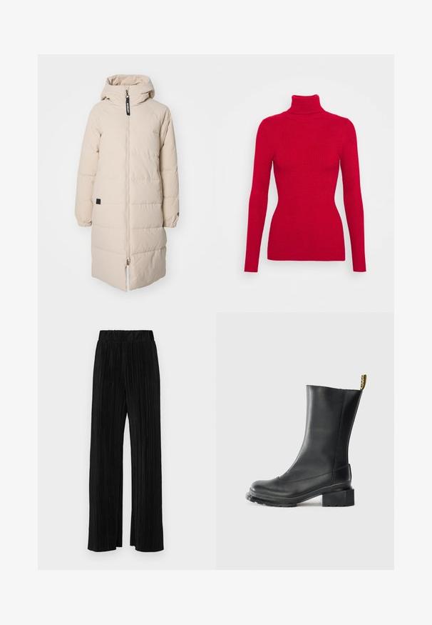 Cappotto imbottito beige fino al ginocchio con cappuccio, zip frontale, polsini elastici e un piccolo patch logoblu sulla lato. Tessuto liscio e leggero.; Maglione a collo alto rosso a coste, con maniche lunghe, tessuto testurizzato, silhouette aderente e colletto alto. Senza decorazioni visibili.; Pantaloni neri a plissé con vita elasticizzata. Presentano gamba ampia e un tessuto liscio e texture con strisce verticali.; Stivale alla caviglia in pelle nera con tacco a blocco, texture liscia, punta rotonda e linguetta sul tallone con branding giallo.