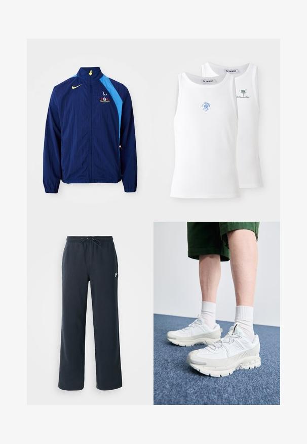 Jūrinės tematikos vėjui atspari striukė su mėlynomis šoninėmis detalėmis, aukšta apykakle ir Nike logotipu. Savybėmis išsiskiria elastinės rankogaliai ir raištelis apačioje.; Du du baltos maikutės, su briaunotu tekstūru, puošiančios mėlynus ir žalius siuvinėtus logotipus. Viena turi saulės dizainą, kita - palmių.; Tamsiai mėlyni sportiniai kelnių su elastiniu juosmeniu ir raišteliu. Pagaminti iš minkštos medžiagos, su mažu baltu logotipu kairėje klubo pusėje.; Baltos sportinės bateliai su tekstūruotais uždengimais, masyviu padu ir pilkais akcentais. Dėvimi su baltais trumpais kojiniais ir žaliais šortais mėlyname paviršiuje.