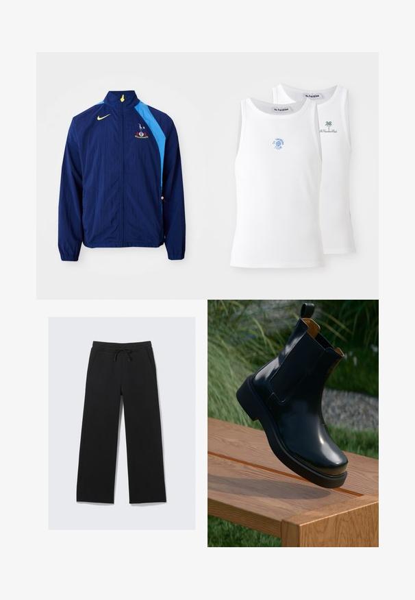 Giacca a vento navy con accenti blu sui lati, colletto alto e logo Nike. Presenta polsini elastici e un cordino all'orlo.; Due canotte bianche, texture a costine, con loghi ricamati blu e verdi. Una presenta un design con il sole, l'altra con una palma.; Pantaloni a gamba larga neri realizzati in un tessuto morbido. Presentano una vita elastica con cordino e tasche laterali. Texture liscia.; Stivale Chelsea in pelle nera con finitura liscia, pannelli laterali elasticizzati, punta arrotondata e suola in gomma spessa, posizionato sopra una superficie lignea.