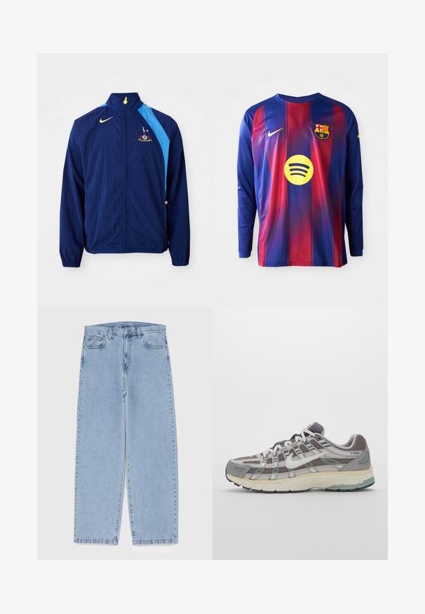 Navy windbreaker jacket with blue side accents, high collar, and Nike logo. Features elastic cuffs and a drawstring at the hem.; Long-sleeve football jersey featuring blue and red vertical stripes, Nike logo, Barcelona crest, and a circular Spotify logo in the center.; Light blue denim jeans with straight leg design, featuring a mid-rise waist, five pockets, and a button and zipper closure.; Gray athletic shoe featuring a mesh and suede upper, white accents, a cushioned sole, and a distinctive design with reflective elements.