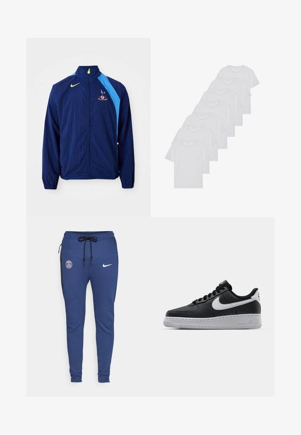 Jachetă de vânt navy cu accente laterale albastre, guler înalt și logo Nike. Prezentă manșete elastice și un șnur la tiv.; Tricouri din bumbac albe, cu mâneci scurte, design cu guler rotund, textură simplă, așezate într-un rând, cu o marcă subtilă la guler.; Pantaloni de sport albaștri din material subțire, cu un bryant elastic la talie, buzunare laterale cu fermoar, accente negre și logo-uri: emblema PSG și swoosh-ul Nike.; Sneaker din piele neagră, cu o suprafață texturată, swoosh alb de la Nike, talpă gri, bot rotund și sistem de șireturi. Prezintă perforații în zona vârfului.