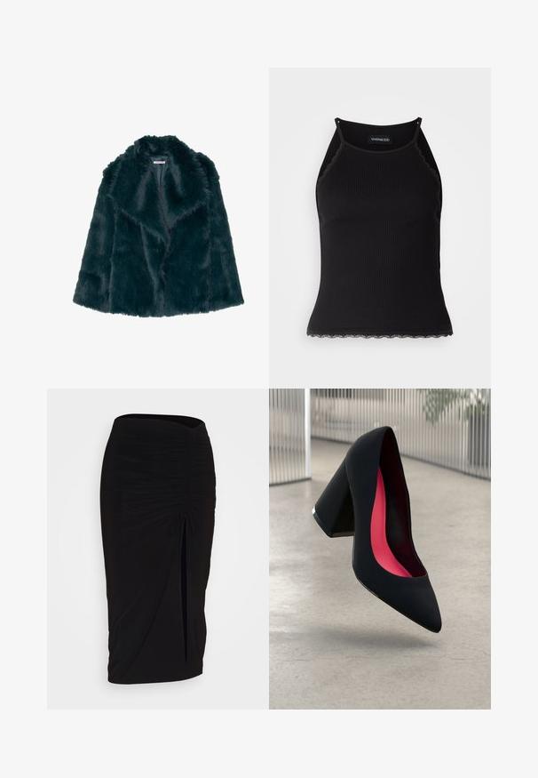 Faux fur coat in deep teal with a soft, fluffy texture, and a wide collar, featuring an open front design and no visible fastenings.; Black ribbed tank top with scalloped lace trim at the hem. Features thin straps and a fitted design. Made from stretchable fabric.; Black, ruched pencil skirt with tie detail and a side slit. Made from a stretchy fabric, featuring a smooth texture and form-fitting design.; Black high heel shoe with a pointed toe, textured surface, and a vibrant pink interior. Features a chunky heel with silver accent.
