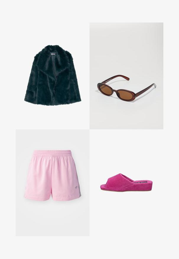 Cappotto in pelliccia sintetica di un intenso color te al profondo, con una texture morbida e soffice, dotato di un ampio colletto, caratterizzato da un design aperto e senza chiusure visibili.; Camicia bianca a maniche corte con grandi pois neri, scollatura a V e dettaglio del logo sul petto, realizzata in un materiale liscio e elasticizzato.; Pantaloni sportivi rosa con elastico in vita, dotati di una striscia grigia sui lati e di un piccolo logo sul davanti. Realizzati in tessuto leggero.; Pantofole scivolo in corduroy rosa con punta arrotondata e tacco basso a cuneo. Tessuto testurizzato, apertura frontale e dettagli di cucitura discreti.; Occhiali da sole rotondi con tonalità marrone, montatura lucida color bordeaux. Aste sottili con un sottile dettaglio del marchio. Design delle lenti piatte.; Borsa a tracolla in finta pelle rosa dalla forma circolare, con un design allacciato decorato da occhielli metallici e un dettaglio a fiocco. Include un manico corto.