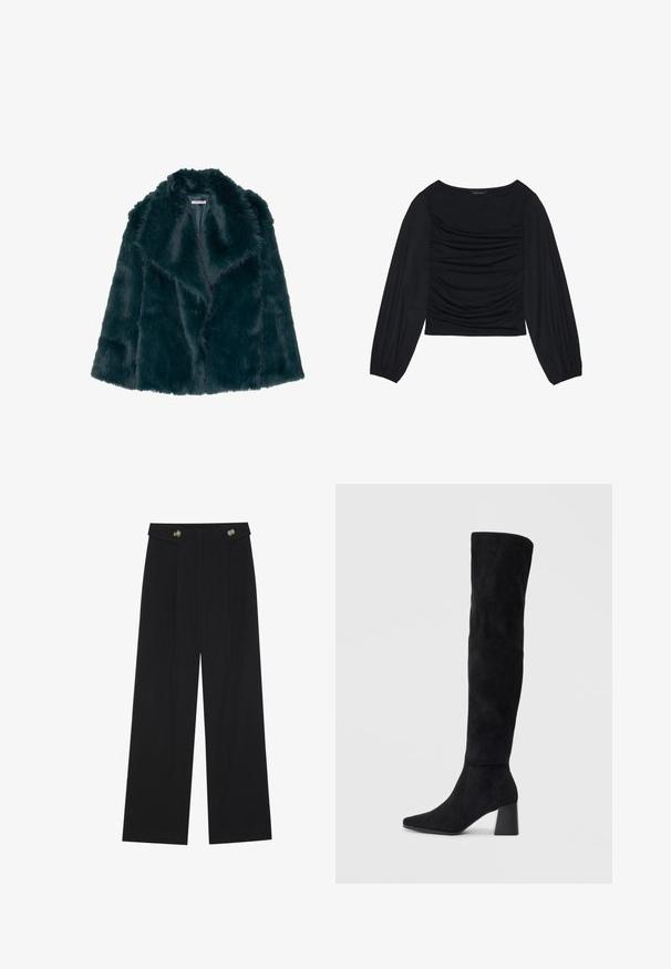 Faux fur jas in diep teal met een zachte, pluche textuur en een brede kraag, met een open voorkant en zonder zichtbare sluitingen.; Zwarte longsleeve top met geplooid stofdetail aan de voorkant en bij de polsen, gemaakt van zachte, rekbare stof met een barco neckline.; Zwarte wijde broek met hoge taille, knoopdetails op de tailleband en plooien aan de voorkant.; Zwarte suède kniehoge laars met blokhak, spitse neus en een glad, naadloos ontwerp op een effen lichte achtergrond.