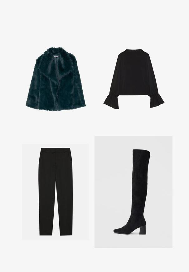 Lažni krzneni kaput u dubokom tirkiznom tonu s mekom, pahuljastom teksturom i širokim ovratnikom, s otvorenim prednjim dijelom i bez vidljivih kopčanja.; Crna majica dugih rukava s proširenim manžetama, mekanim materijalom i opuštenim krojem, s jednostavnim okruglim izrezom.; Crne hlače s krojem po mjeri, s bočnim džepovima i ravnim nogavicama. Izrađene od glatkog, laganog materijala s elegantnim završetkom.; Crne antilop čizme do koljena s blok potpeticom, šiljastim prstom i glatkim, bešavnim dizajnom na običnoj svijetloj pozadini.