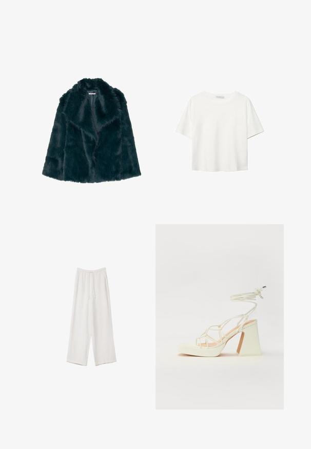 Umelý kožuch v hlbokom tehlovom odtieni s jemnou, nadýchanou textúrou a širokým golierom, s otvoreným predným dizajnom a bez viditeľných zapínaní.; Biela krátkopsová tričko vyrobené z bavlny. Má okrúhly výstrih a voľný strih. Hladká textúra bez viditeľných vzorov alebo akcentov.; Biele široké nohavice vyrobené z ľahkej tkaniny. Obsahujú elastický pás so sťahovacou šnúrkou a bočné vrecká. Hladká textúra.; Biele sandále na vysokom opätku s hrubým podpätkom, s pruhovaným dizajnom a viazaním na členku. Hladký povrch s platformou vpredu pre zvýšenú výšku.