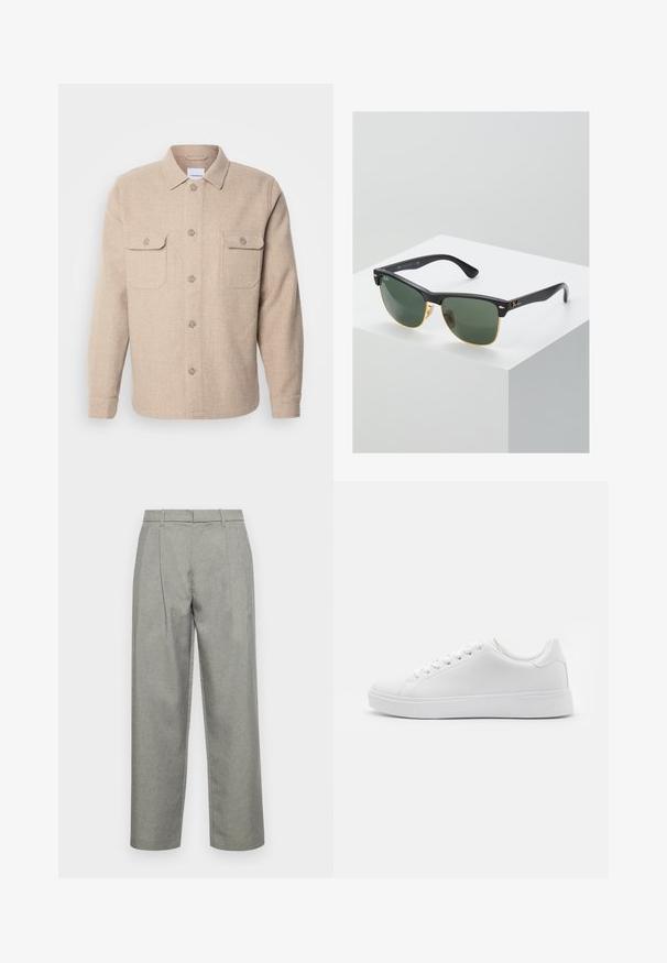 Lindbergh TEXTURED OVERSHIRT - Overgangsjakke - stone; Sort turtleneck sweater lavet af blødt materiale, med lange ærmer og en tætsiddende pasform. Ribbet trim ved kanten og manchetter. Simpelt design.; Grå skræddersyede bukser lavet af struktureret stof, med lige ben-design, frontfolder og en standard talje med bæltesløjfer.; Hvide sneakers med en glat syntetisk overdel, rund tå, seks øjer til snørebånd, og en lavprofil gummisål med teksturerede detaljer.; Ray-Ban solbriller med grønne linser, sorte plastikstel og gyldne detaljer ved kanterne. Firkantet form med mat finish.