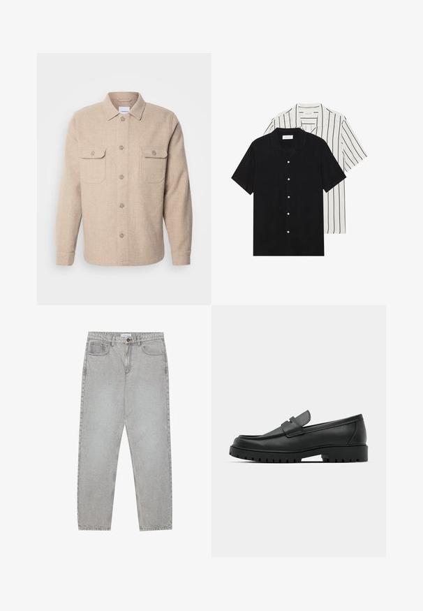 Lindbergh TEXTURED OVERSHIRT - Overgangsjakke - stone; To korteærmede skjorter: en ensfarvet sort og en hvid med sorte lodrette striber. Begge har knaplukninger og en klassisk krave.; Lysegrå denimbukser med lige ben, fem lommer og knaplukning. Synlig syning langs sømmene.; Sorte læder loafers med rund tå, der har et syet design, lav platformssål og en struktureret, skridsikker gummisål.