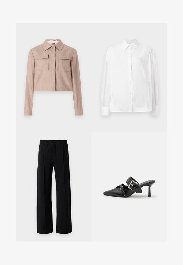 Kratka bež jakna z drobnim rilastim vzorcem, z ovratnikom, dvema žepoma na prsih in srebrnim gumbom.; Bela srajca z dolgimi rokavi in gumbi, izdelana iz gladkega bombažnega mešanega materiala. Ima klasičen ovratnik, sprednje zapiranje na gumbe in zaokrožene manšete.; Črne hlače ravnega kroja z elastičnim pasom in diskretnim teksturiranim vzorcem po tkanini na belem ozadju.; Črne visoke mule s koničastim prstom, izdelane iz gladkega usnja. Imajo širok gleženjski trak s kvadratno srebrno zaponko in okraski.