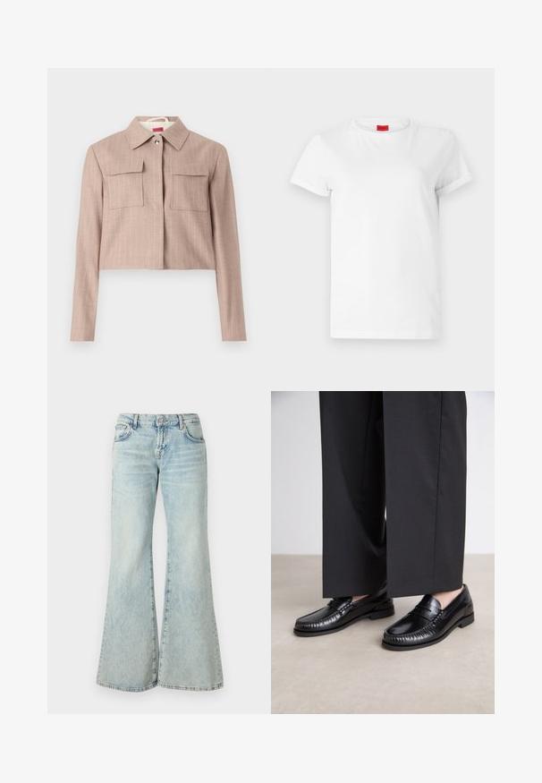 Beige Blazer mit feinem Pinstripemuster, mit kragenähnlichem Ausschnitt, zwei Brusttaschen und silbernen Knopfdetails.; Weißes Kurzarm-T-Shirt aus leichtem Baumwollstoff. Hat einen runden Halsausschnitt und umgeschlagene Ärmel. Rotes Logo-Tag am Kragen.; Hellblaue Schlagjeans aus Denim, mit hoher Taille, Taschen und ausgefransten Säumen. Der Stoff hat eine verblasste Waschung und eine subtile Textur.; Schwarze Lederloafers mit glatter Oberfläche, genähten Details um die Zehen und einer niedrigen Gummisohle. Kombiniert mit weiten schwarzen Hosen.
