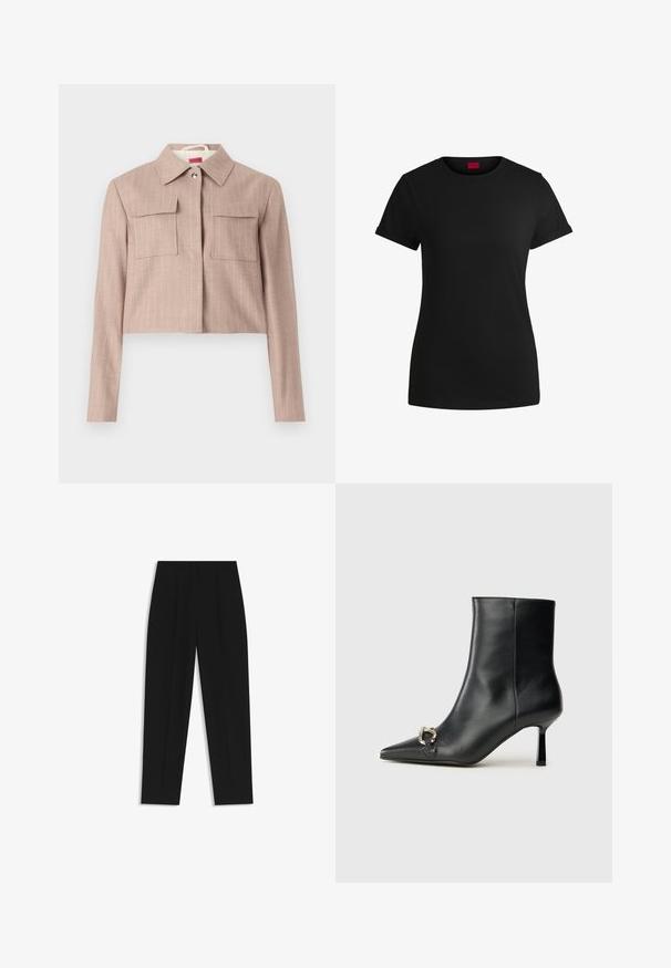 Korte beige jas in een fijne streepjespatroon, met een kraag, twee borstzakken en zilveren knoopdetails.; Zwart katoenen T-shirt met korte opgerolde mouwen, een ronde halslijn en een rood label. Glad textuur, aansluitende pasvorm met minimale details.; Zwarte broeken met een rechte pasvorm, voorzien van dubbele plooien, een zachte textuur en een klassiek taillebandontwerp. Geen zichtbare hardware of accenten.; Zwarte leren enkelboot met spitse neus, slanke middenhoge hak en zilveren gespdetail aan de zijkant op een effen achtergrond.