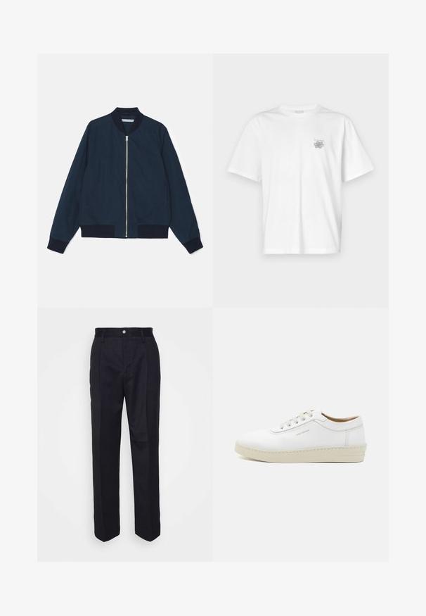 Navy bomber jacket with a ribbed collar and cuffs, front zipper closure, and side pockets; smooth fabric with a matte finish.; White t-shirt made of cotton featuring short sleeves, a crew neck, and a small gray logo on the left chest area. Smooth texture.; Black tailored trousers with a straight-leg design, made of smooth fabric, featuring a front button closure and two side pockets.; White leather sneaker with a textured finish, round toe, beige rubber sole, and six grey lace eyelets, featuring subtle branding on the side.