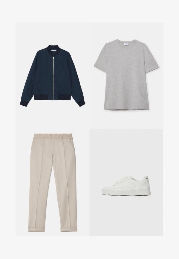 Navy bomberjack met een geribde kraag en cuffs, sluiting met ritssluiting aan de voorkant en zijzakken; gladde stof met een matte afwerking.; Grijze T-shirt met korte mouwen, gemaakt van zacht, textuurstof. Heeft een klassieke ronde hals en een rechte zoom, geschikt voor casual dragen.; Filippa K TERRY CROPPED TROUSERS - Broek - sage melange; Witte leren sneaker met een gladde afwerking, ronde neus, platte veters en een gestructureerde zool. Kenmerkt zich door een subtiel logo op de hiel.