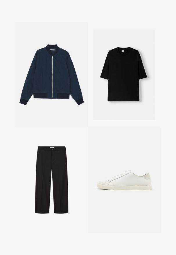 Mörkblå bombarjacka med ribbad krage och ärmslut, framknäppning med dragkedja och sidofickor; slätt tyg med matt finish.; Svart bomulls t-shirt med kort ärm, rund hals och en avslappnad passform. Slät textur och minimalistisk design, inga mönster eller accentuerade detaljer.; Svarta vida byxor i ett mjukt tyg. Har en knapp- och dragkedjestängning, två framfickor och en skarp fållavslut.; Vita lädersneakers med en slät yta, rund tå och minimalistisk design. Har beige detaljer vid hälen och en gummisula.