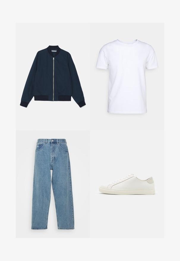 Marineblaues Bomberjacke mit geripptem Kragen und Bündchen, Frontreißverschluss und seitlichen Taschen; glattes Material mit matter Oberfläche.; Weißes T-Shirt mit kurzen Ärmeln aus Baumwollstoff und rundem Halsausschnitt. Schlichtes Design ohne Muster oder Akzente. Glatte Textur.; Hellblaue Denim-Jeans mit hoher Taille und lockerer Passform, ausgestattet mit zwei vorderen Taschen, einer hinteren Aufsatztasche und einem Knopfverschluss.; Weiße Leder Sneakers mit glatter Oberfläche, runder Zehenform und minimalistischem Design. Mit beigen Akzenten an der Ferse und einer Gummisohle.