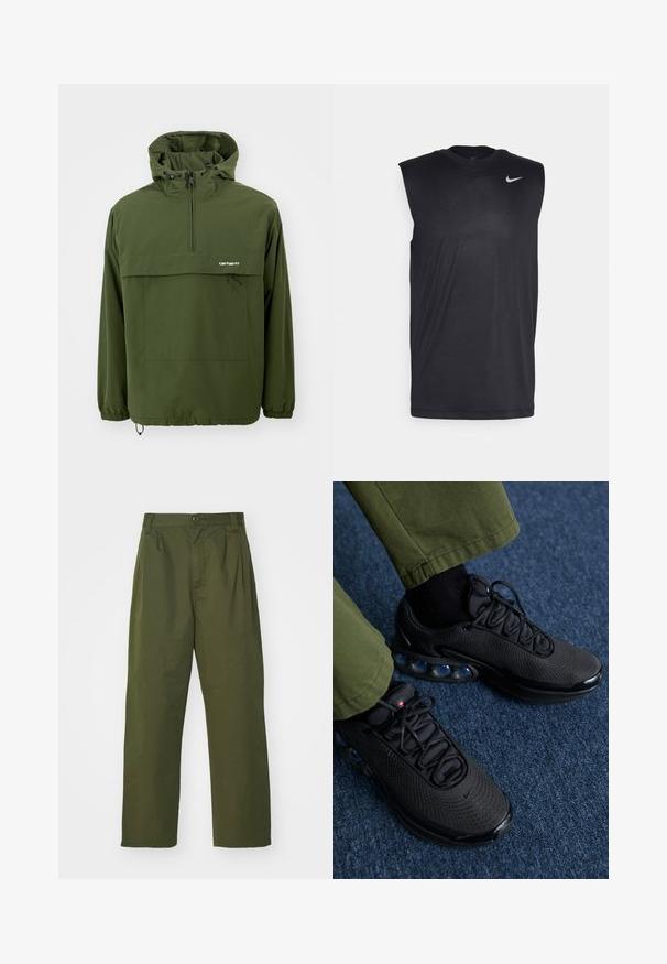Casaco pullover verde feito de um tecido leve e resistente à água. Apresenta um fecho de correr no pescoço, capuz ajustável e bolso frontal com cordão.; Camiseta atlética preta sem mangas, feita de um tecido liso, com gola redonda e um pequeno logotipo da Nike na parte superior esquerda.; Calças verde oliva de cintura alta com um design de perna reta. Feitas de um tecido leve, com pregas frontais e fecho de botão.; Sapatos de desporto pretos com parte superior em malha, superfície texturizada e cápsulas de amortecimento de ar visíveis. Combinados com calças verde-oliva e meias pretas.