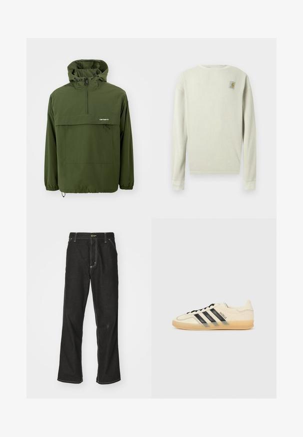 Grøn pulloverjakke lavet af letvægts, vandafvisende stof. Har lynlås ved halsen, justerbar hætte og en frontlomme med snoretræk.; Lysen grøn langærmet sweater med et struktureret ribbet mønster. Har en rund halsudskæring og et lille logo patch på øverste venstre bryst.; Sorte denimjeans med løs pasform, der har kontrasterende hvid syning, en knaplukning og et lige ben-design.; Lys cremefarvet sneaker med sort tre-stribe-design, tekstureret overdel, rund tå og gummisål. Har snørebånd og branding på siden.