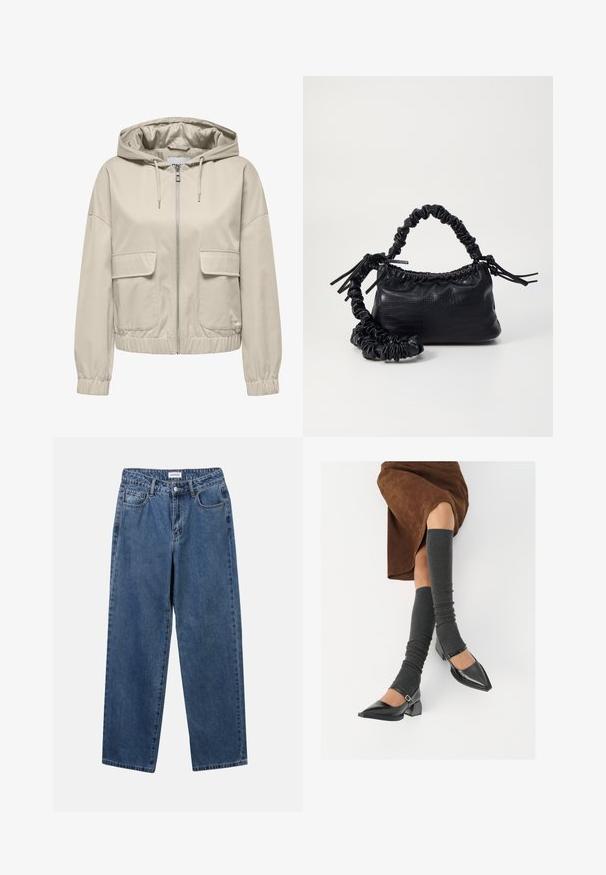 Beige lichtgewicht hoodie met een rits aan de voorkant, twee opgestikte zakken en elastische manchetten en zoom. Gladde textuur, casual ontwerp.; Lichtgrijze gebreide trui met lange mouwen, ronde hals en een centraal kabelpatroon aan de voorkant.; Klassieke blauwe denim jeans met een rechte pijp, vijf zakken en een knoopsluiting. Heeft een middelgrote wasbeurt en stevige textuur.; Zwarte gepatineerde leren pumps met een puntige neus, een blokhak en een enkelbandje, gecombineerd met grijze geribde beenwarmers en een bruine suède rok.; Zwarte nepleer handtas met een krokodillenstructuur, opgedroogde bovenkant en een gekreukte hengsel. Het lijkt zacht en compact van ontwerp.