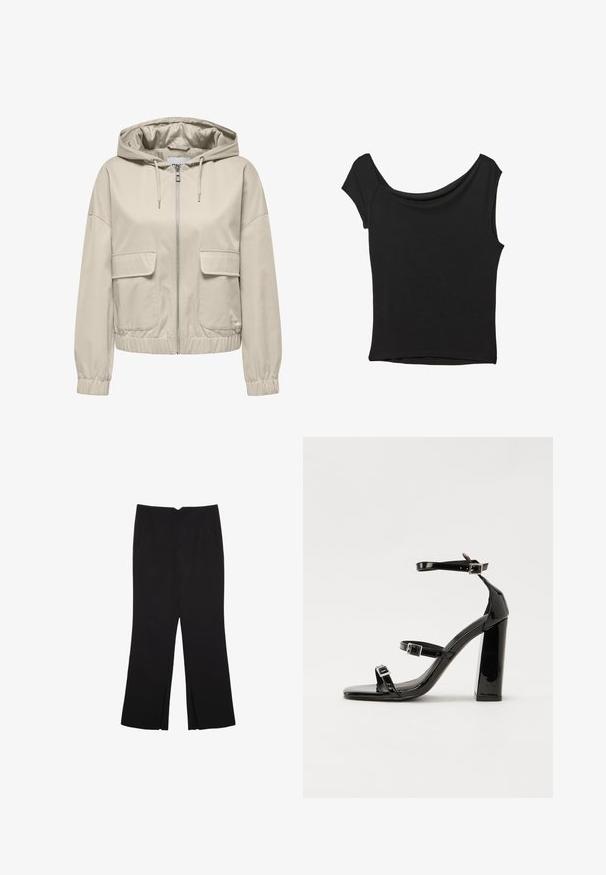 Beige, leichte Kapuzenjacke mit einem Reißverschluss vorne, zwei aufgesetzten Taschen und elastischen Bündchen sowie Saum. Glatte Textur, lässiges Design.; Schwarzes Kurzarmoberteil aus glattem Stoff; hat einen drapierten Ausschnitt und einen asymmetrischen Saum, mit einem figurbetonten Körper.; Schwarze Hose mit geradem Schnitt, ausgestattet mit Fronttaschen und Seitenschlitzen am Saum. Hergestellt aus weichem, glattem Stoff. Geeignet für verschiedene Anlässe.; Schwarze patentierte Sandalen mit Absatz, quadratischer Spitze, Knöchelriemen und silbernen Schnallen. Mit einem stabilen Blockabsatz für mehr Stabilität.