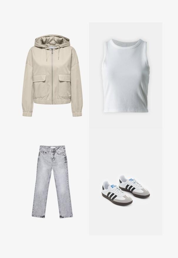 Beige lightweight hooded jacket with a front zipper, two patch pockets, and elastic cuffs and hem. Smooth texture, casual design.; White ribbed tank top with a round neckline and sleeveless design, featuring a straight hem and a smooth, stretchy texture.; Gray denim jeans with a straight-leg cut, distressed detailing, five pockets, and copper rivets. Waistband features a logo tag.; Sport shoes with a white leather upper, gray suede toe, and three black stripes. Features a blue logo on the tongue and a textured rubber sole.