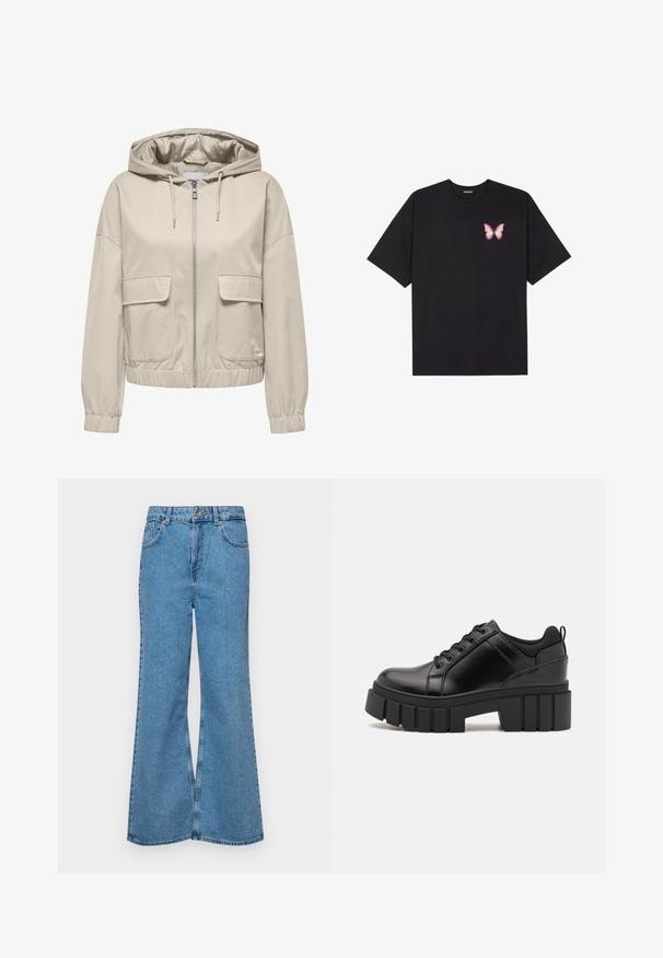 Giacca leggera beige con cappuccio, zip frontale, due tasche applicate e polsini ed orlo elastici. Tessuto liscio, design casual.; T-shirt nera in cotone con maniche corte, caratterizzata da una piccola grafica di una farfalla rosa sul lato sinistro del petto. Design a girocollo con una vestibilità rilassata.; Jeans svasati di un blu chiaro, realizzati in denim, con vita alta, cinque tasche e chiusura a un bottone. Morbido al tatto con una finitura scolorita.; Scarpe platform in pelle nera con tacco a blocco robusto, punta rotonda e design tradizionale con lacci. Presentano una superficie liscia e dettagli minimi.