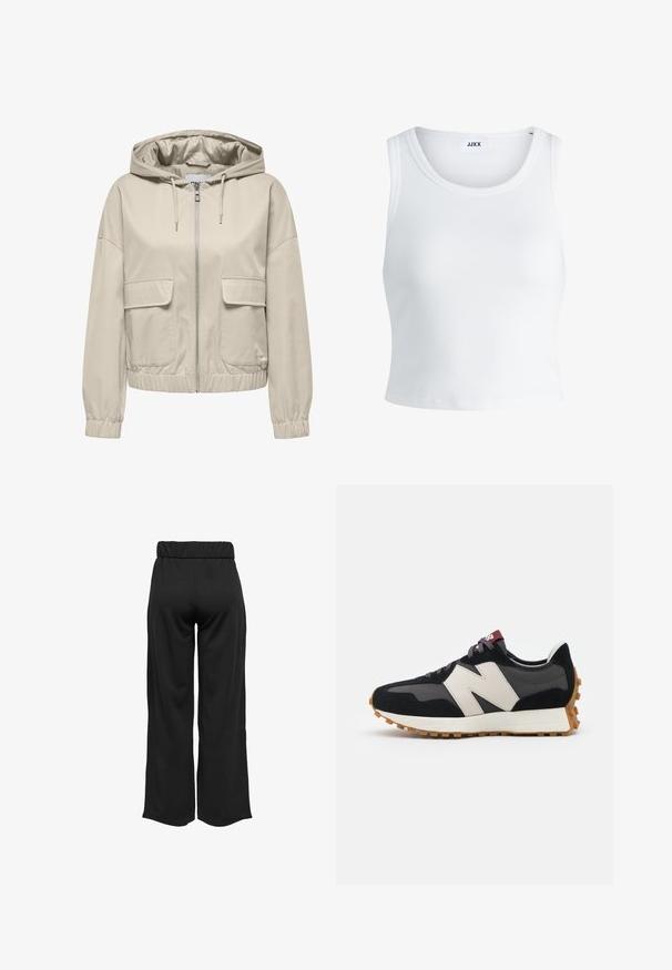 Beige lichtgewicht hoodie met een rits aan de voorkant, twee opgestikte zakken en elastische manchetten en zoom. Gladde textuur, casual ontwerp.; Witte geribbelde tanktop met een ronde hals, zonder mouwen en een cropped lengte. Label draagt "JJXX." Gladde stoftextuur.; Zwarte, wijde broek met een elastische tailleband, gemaakt van gladde stof. Heeft een strakke uitstraling zonder zakken of zichtbare stikseldetails.; Zwarte en grijze suède sneaker met een groot crèmekleurig "N"-logo, paarse veters en een gestructureerde rubberen zool van gum.