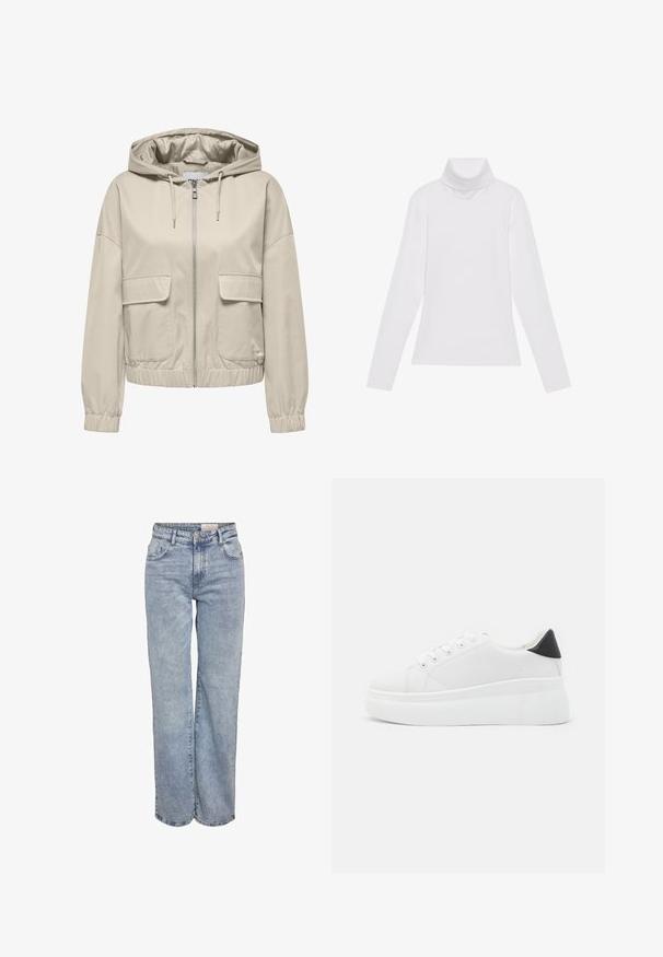 Bež jakna s kapuljačom, lagana, s prednjim zatvaračem, dva povezana džepa te elastičnim manžetama i rubom. Glatka tekstura, ležeran dizajn.; Bijela majica dugih rukava s rolificom izrađena od glatkog, rastezljivog materijala. Ima visoki ovratnik i uski kroj, bez vidljivih uzoraka ili ukrasa.; Svijetloplave široke traperice napravljene od denima, s visokim strukom, dizajnom od pet džepova i suptilnim izbljeđivanjem za izgled nošenih traperica.; Bijele platforme tenisice napravljene od glatkog sintetičkog materijala, s okruglim vrhom, dizajnom s vezanjem i teksturiranom gumenom potplatom. Crni detalj na peti.