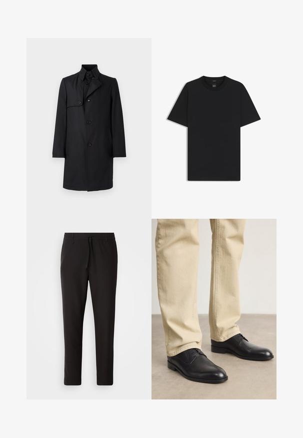 Trench nero con collo alla coreana, chiusura a cinque bottoni, due tasche laterali e tessuto liscio e raffinato.; Maglietta nera a maniche corte realizzata in un morbido misto cotone, con scollatura a girocollo e un design minimalista senza motivi o dettagli.; Pantaloni jogger neri realizzati in tessuto liscio. Presentano una vita elasticizzata con stringa, gambe affusolate e senza tasche visibili. Design semplice.; Scarpe stringate in pelle nera con punta arrotondata, finitura liscia e dettagli di cucitura sottili, indossate con pantaloni beige chiaro.