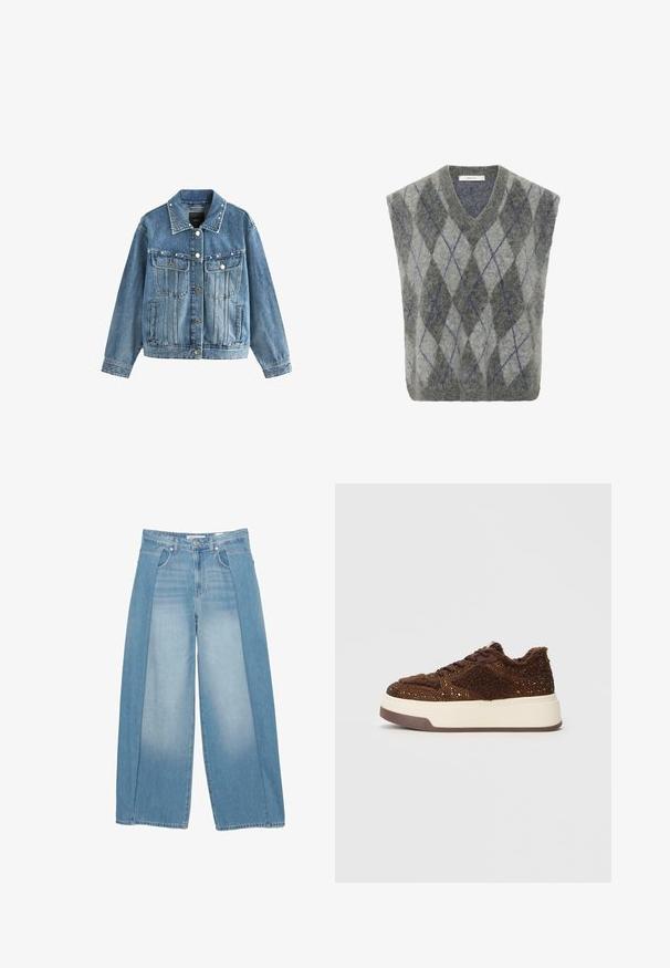 Jachetă din denim de culoare albastră deschisă, cu închidere butonată în față, două buzunare la piept și embellishments din perle pe guler. Mâneci lungi, ușor supradimensionate.; Vesta din amestec de lână, cu un model argyle gri și gri deschis, accentuat cu nuanțe de albastru. Design cu decolteu în V și formă supradimensionată. Textură moale.; Cămașă albă cu nasturi, cu mâneci lungi, având un guler clasic, un croi structurat și cusături verticale subtile pentru un plus de detaliu.; Jeans din denim cu pantaloni largi, de culoare albastru deschis, cu un design unic ce include două panouri texturate. Stil cu cinci buzunare și închidere cu nasture.; Sneakers de platformă maro, cu un material texturat și accente strălucitoare, un guler moale și o talpă din cauciuc durabilă.