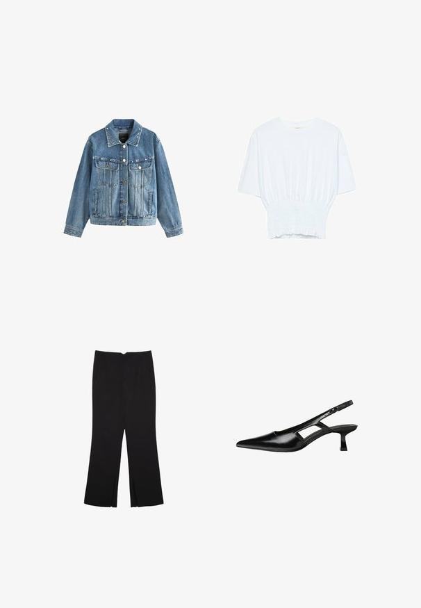 Hellblaues Jeansjackett mit Knopfleiste, zwei Brusttaschen und Perlenverzierungen entlang des Kragens. Lange, leicht oversized Ärmel.; Weißes T-Shirt mit kurzen Ärmeln, lockerer Passform und gerafftem Stoff an der Taille. Aus weichem, leichtem Material gefertigt.; Schwarze Hose mit geradem Schnitt, ausgestattet mit Fronttaschen und Seitenschlitzen am Saum. Hergestellt aus weichem, glattem Stoff. Geeignet für verschiedene Anlässe.; Schwarze Lackleder-Slingback-High Heels mit spitzer Zehenform, ausgeschnittenem Seitendesign und kleinem Blockabsatz. Glatte Textur mit minimalen Akzenten.