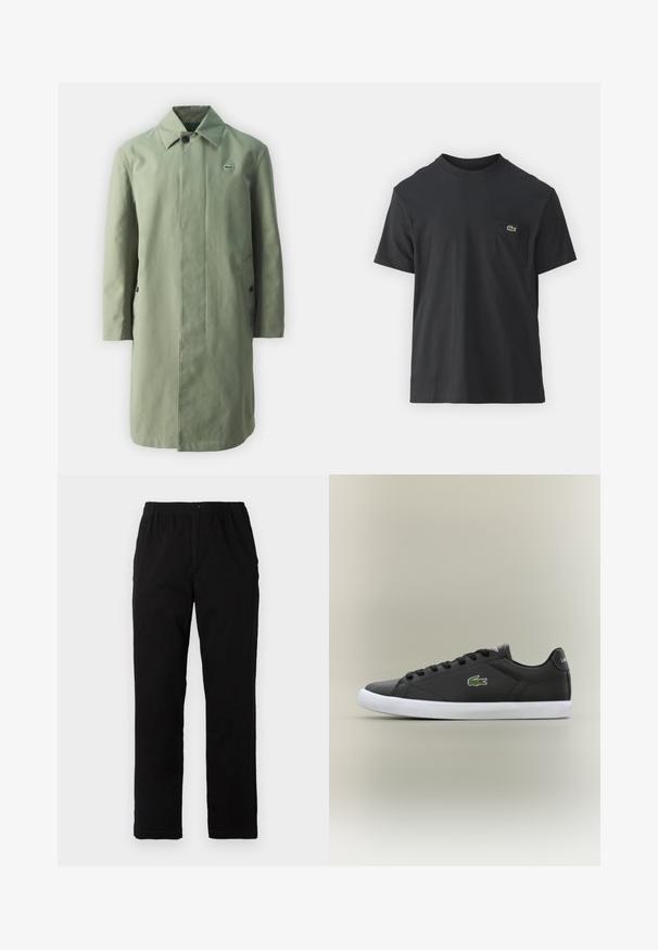 Cappotto lungo verde chiaro realizzato in tessuto morbido, con chiusura a bottoni, tasche laterali e un piccolo logo ricamato sul lato sinistro.; T-shirt in cotone nero con maniche corte, scollatura rotonda e un piccolo logo verde sul taschino sinistro. Design semplice, vestibilità regolare.; Pantaloni neri realizzati in un tessuto misto cotone, caratterizzati da un taglio dritto, vita elastica con bottone e senza motivi o dettagli visibili.; Sneaker nere in pelle con suola in gomma bianca, dotate di logo verde a forma di coccodrillo e lacci rotondi, design elegante con texture liscia.