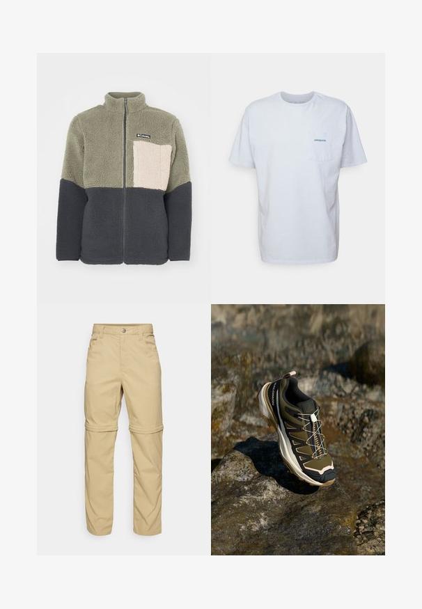 Columbia MOUNTAINSIDE™ HEAVYWEIGHT - Fleecejakke - olive; Hvid bomulds t-shirt med korte ærmer, rund hals og en lomme på venstre bryst med et blåt "Patagonia"-logo. Klassisk pasform med en glat tekstur.; Beige zip-off bukser med en glat tekstur, der har to sidelommer, en knaplukning og opsmøgede bukseben for alsidighed.; Vandrestøvle i olivengrøn og sort med pink accenter. Har en tekstureret overdel, fleksibel sål, forstærket tåhætte og farverigt snøresystem.