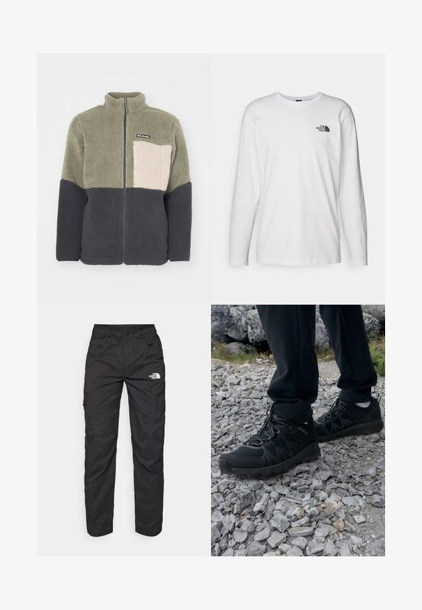 Columbia MOUNTAINSIDE™ HEAVYWEIGHT - Giacca in pile - olive; T-shirt bianco a maniche lunghe in cotone con colletto rotondo. Presenta un piccolo logo nero sul petto. Texture liscia, vestibilità regolare.; Pantaloni cargo neri realizzati in tessuto leggero. Presentano tasche laterali con zip e un logo sulla coscia sinistra. Design a gamba dritta.; Scarpe da esterni nere realizzate in mesh e materiale sintetico, con una parte superiore testurizzata, un sistema di allacciatura sicuro e una suola robusta, su terreno roccioso.