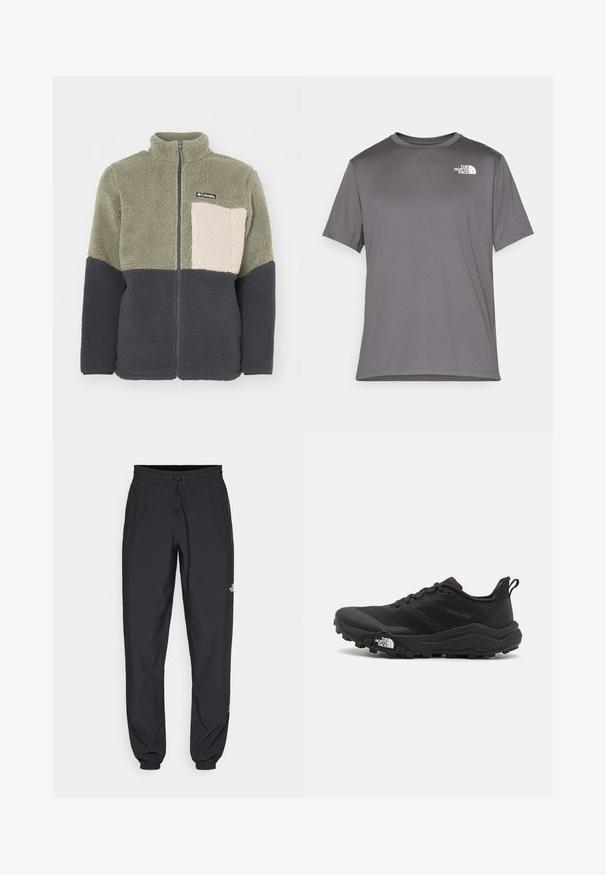 Columbia MOUNTAINSIDE™ HEAVYWEIGHT - Fleecejakke - olive; Grå kortermet treningst-skjorte laget av glatt, lett stoff. Har en hvit logo på venstre brystområde. Rund halsdesign.; Sorte idrettsbukser laget av lett stoff, med snor i livet, sidelommer og smale mansjetter ved anklene.; Svart terrengløpesko med teksturert overdel, gummisåle og forsterket tåhette. Har polstret krage og løftestropp for enkel påkledning.