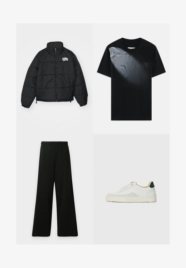 Juodas pūkinis švarkas su aukštu apykakle, užtrauktuku, šoninėmis kišenėmis ir išsiuvinėtu "Billionaire Boys Club" logotipu ant krūtinės.; Juodas medvilnės marškinėliai su gradientiniu šviesos efektu vienoje pusėje ir spausdintais skaičiais kitoje pusėje. Trumpomis rankovėmis ir apvaliu kaklu.; Juodos plačios kelnės pagamintos iš minkštos medžiagos. Savybės: elastinga juosmens dalis, lygi tekstūra ir paprastas, modernus dizainas be raštų.; Baltos sportbačiai su zomšos akcentais, apvaliu nosiu, plokščiais raišteliais ir kreminės spalvos guminiu padu. Ant kulno yra žalia ženklinimo detalė.