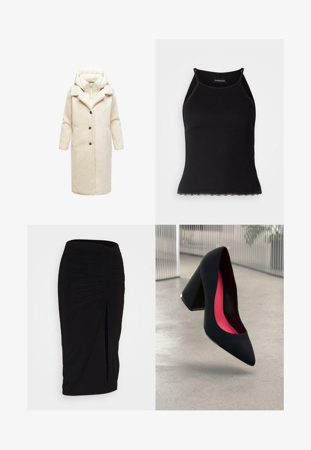 Beige langer Mantel aus einem strukturierten, flauschigen Material, mit gepolstertem Kapuzen und großen Knöpfen. Verfügt über Seitentaschen und einen taillierten Reverskragen.; Schwarzes, geripptes Tanktop mit gewellten Spitzenabschluss am Saum. Mit dünnen Trägern und einer figurbetonten Passform. Hergestellt aus dehnbarem Material.; Schwarzer, geraffter Bleistiftrock mit Bindegürtel und seitlichem Schlitz. Hergestellt aus einem dehnbaren Stoff, mit glatter Textur und figurschmeichelndem Design.; Schwarzer High-Heel-Schuh mit spitzer Kappe und strukturierter Oberseite. Innenfutter in leuchtendem Pink. Quadratischer Absatz mit metallischem Akzent an der Basis.