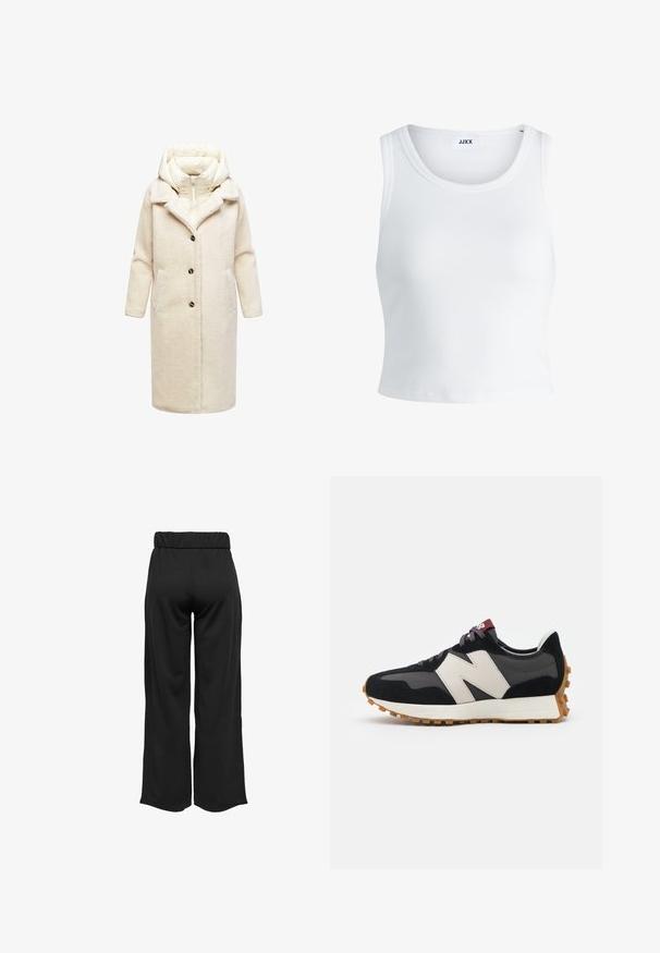 Beige langer Mantel aus einem strukturierten, flauschigen Material, mit gepolstertem Kapuzen und großen Knöpfen. Verfügt über Seitentaschen und einen taillierten Reverskragen.; Weißes, geripptes Tanktop mit rundem Halsausschnitt, ärmellosem Design und kurzer Länge. Das Etikett trägt die Aufschrift "JJXX". Glatte Stoffstruktur.; Schwarze, weit geschnittene Hose mit elastischem Bund, aus glattem Stoff gefertigt. Hat ein cleanes Design ohne Taschen oder sichtbare Nähte.; Schwarze und graue Wildledersneaker mit einem großen cremefarbenen "N"-Logo, lila Schnürsenkeln und einer strukturierten Gummisohle.