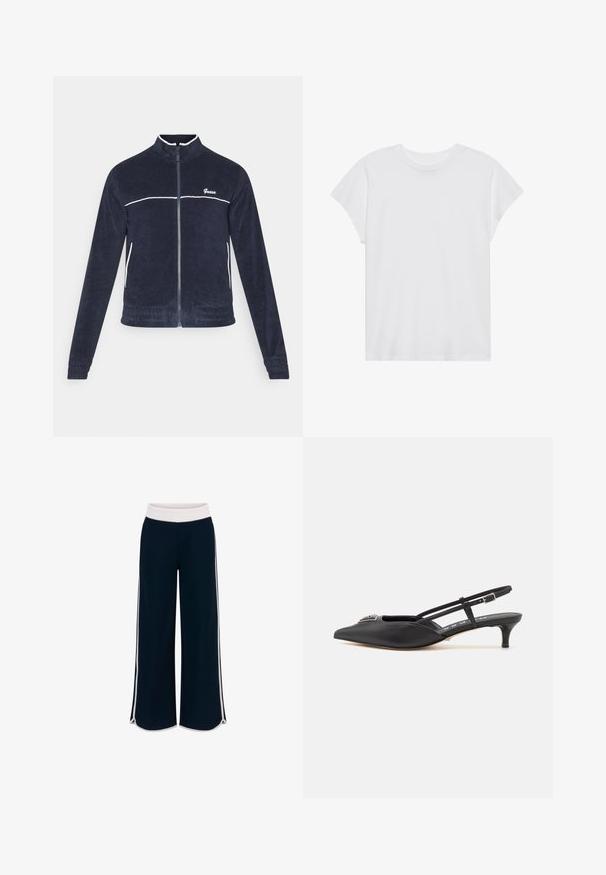 Tengeri kék, cipzáros dzseki puha anyagból, fehér díszítéssel és logóval. Álló gallérral, rugalmas mandzsettákkal és testhezálló hem-mel rendelkezik.; Fehér, rövid ujjú póló, kerek nyakkivágással, laza szabású, puha pamut anyagból készült. Sima felület, nincs rajta minta vagy logó.; Tengerészkék, bő szárú nadrág fehér gumis derékkal és kontrasztos oldalsó csíkokkal. Sima textúra, laza fazon, az alján oldalsó sliccekkel.; Fekete, sarokba húzós cipők, hegyes orral, sima anyagból készült, kis sarokkal és díszes ezüst részlettel a lábfej részen.