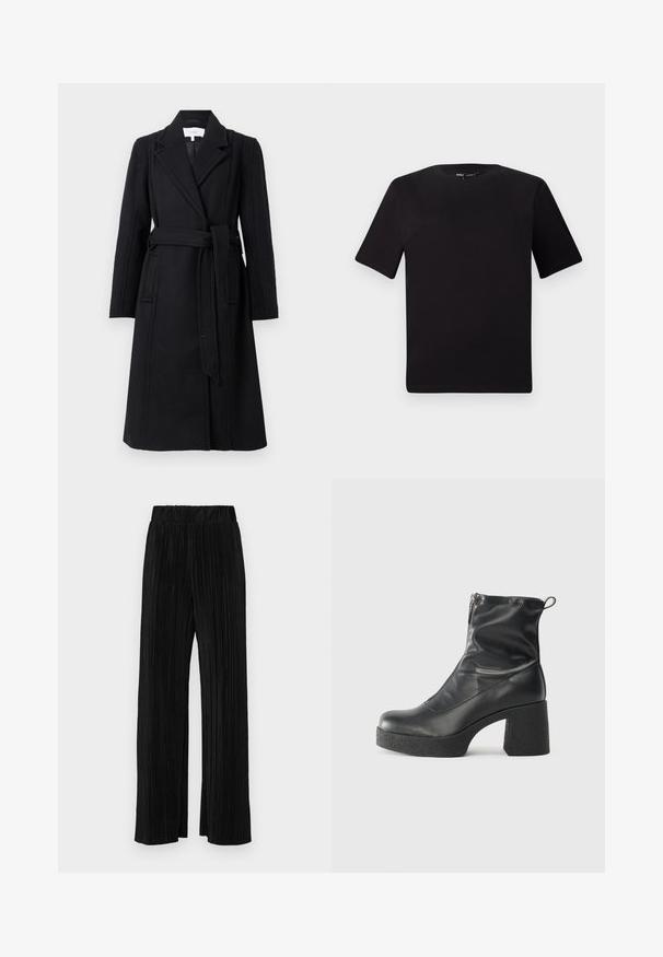Svart ullfrakk med dobbelspent design, spiss rever, lange ermer og belte i midjen. Har sidelommer og en glatt tekstur.; Svart t-skjorte med korte ermer og rund hals, laget av mykt bomullsstoff. Enkelt design, ingen synlige logoer eller mønstre.; Sorte plisserte bukser med elastisk midje. Har vide ben og et glatt, strukturert stoff med vertikale striper.; Svarte ankelstøvler laget av glatt lær, med glidelås på siden, chunky strukturert hæl, og rund tå-design.