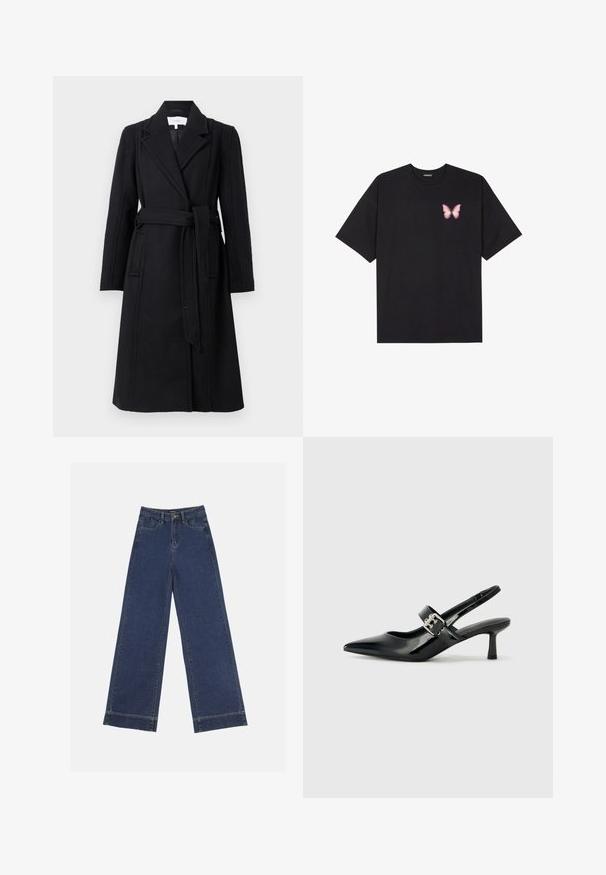 Černý vlněný kabát s dvouvrstvým designem, klopovými límečky, dlouhými rukávy a páskem v pase. Obsahuje boční kapsy a hladkou texturu.; Černé bavlněné tričko s krátkým rukávem, na levém prsou s malou grafikou růžové motýlky. Design s kruhovým výstřihem a volným střihem.; Džíny s širokými nohavicemi v tmavě modrém denimovém provedení. Disponují pěti kapsami, poutky na opasek a surovým lemem na spodní straně s viditelnými detailem šití.; Černé lakované boty na podpatku typu slingback s špičatou špičkou a malým blokovým podpatkem, které mají na pásku stříbrný přezkový akcent.